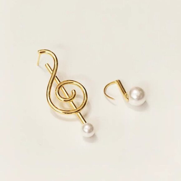 Music Note Pearl Asymmetric Earrings Treble Clef Note - Picture 3 of 3